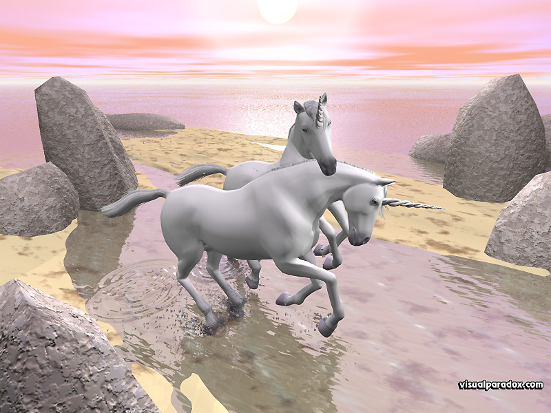 one, horn, two, horse, sun, shore, tidal, gallop, run, frolic, unicorns, valentines day, 3d, wallpaper