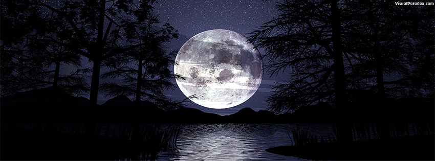 facebook, coverphoto, cover, lunar, trees, lake, water, reeds, silhouette, stars, romantic, peaceful, tranquil, reflections, full, 3d