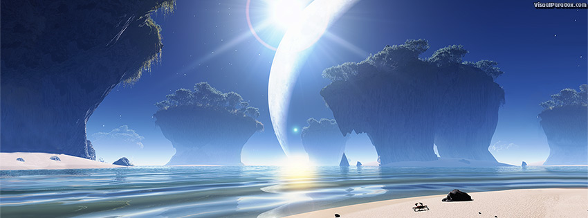 facebook, coverphoto, cover, crab, alien, moon, ocean, sea, waves, erosion, star, shine, lens flare, 3d