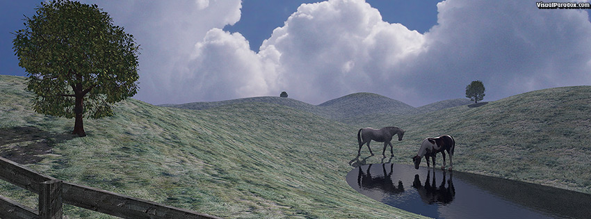 facebook, coverphoto, cover, prairie, field, horses, water, hole, drink, fence, clouds, 3d