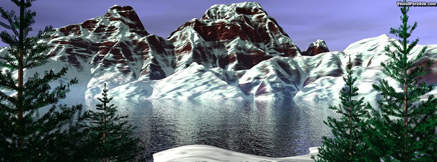 facebook, coverphoto, cover, lake, snow, pines, trees, conifers, serene, peaks, thaw, winter, mountains, 3d