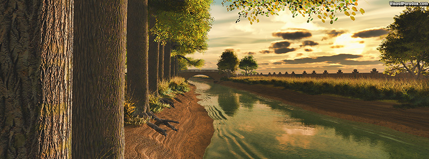 facebook, coverphoto, cover, canal, stream, river, channel, creek, waterway, trees, tree-lined, cottonwood, sunset, sunrise, wall , 3d
