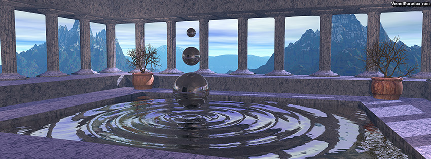 facebook, coverphoto, cover, fountain, pillars, temple, water, dancing, spheres, ripples, waves, magical, 3d