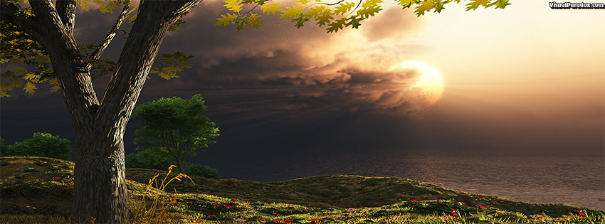 facebook, coverphoto, cover, storms, clouds, sunrise, sunset, rays, light, tree, flowers, sun, 3d
